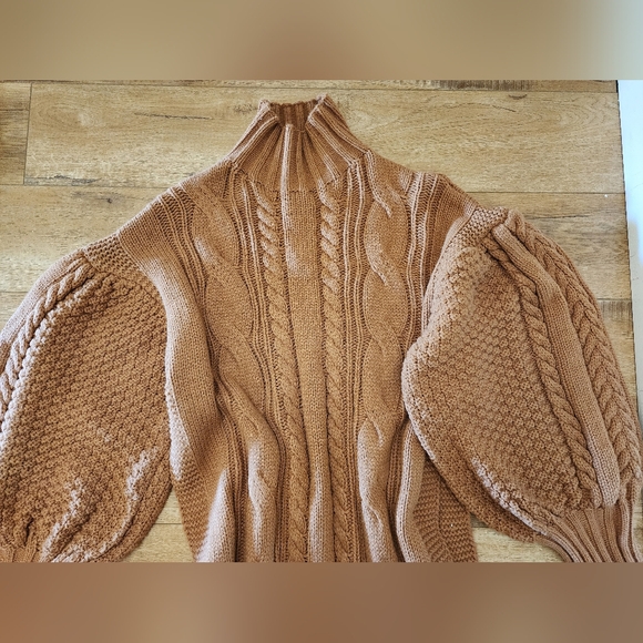 $150 Kelly Obi Chunky Cable Knit Sweater Dress Sz L High Slits Balloon Sleeves - Picture 6 of 9